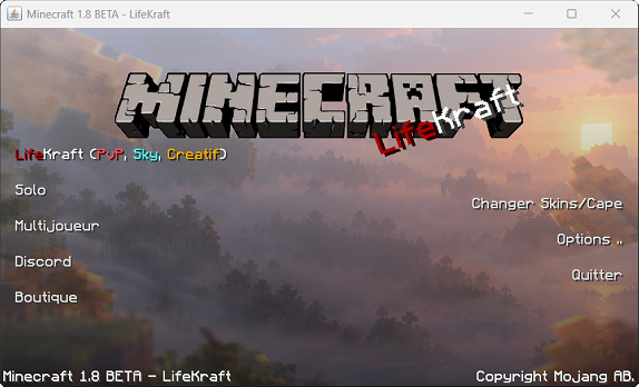 Menu du launcher LifeKraft 1.8 bêta avec accès au jeu solo, au multijoueur et au changement de skin ou de cape.